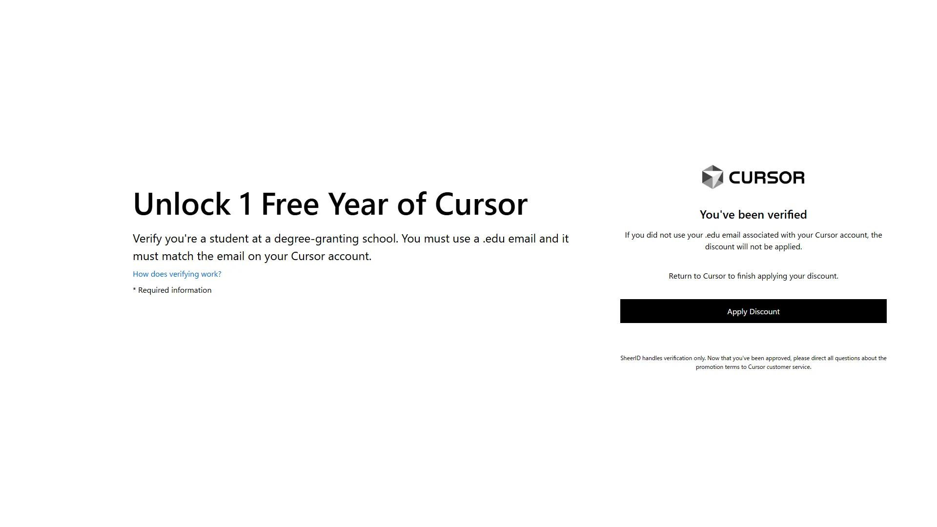 Cursor学生割引適用完了画面のスクリーンショット